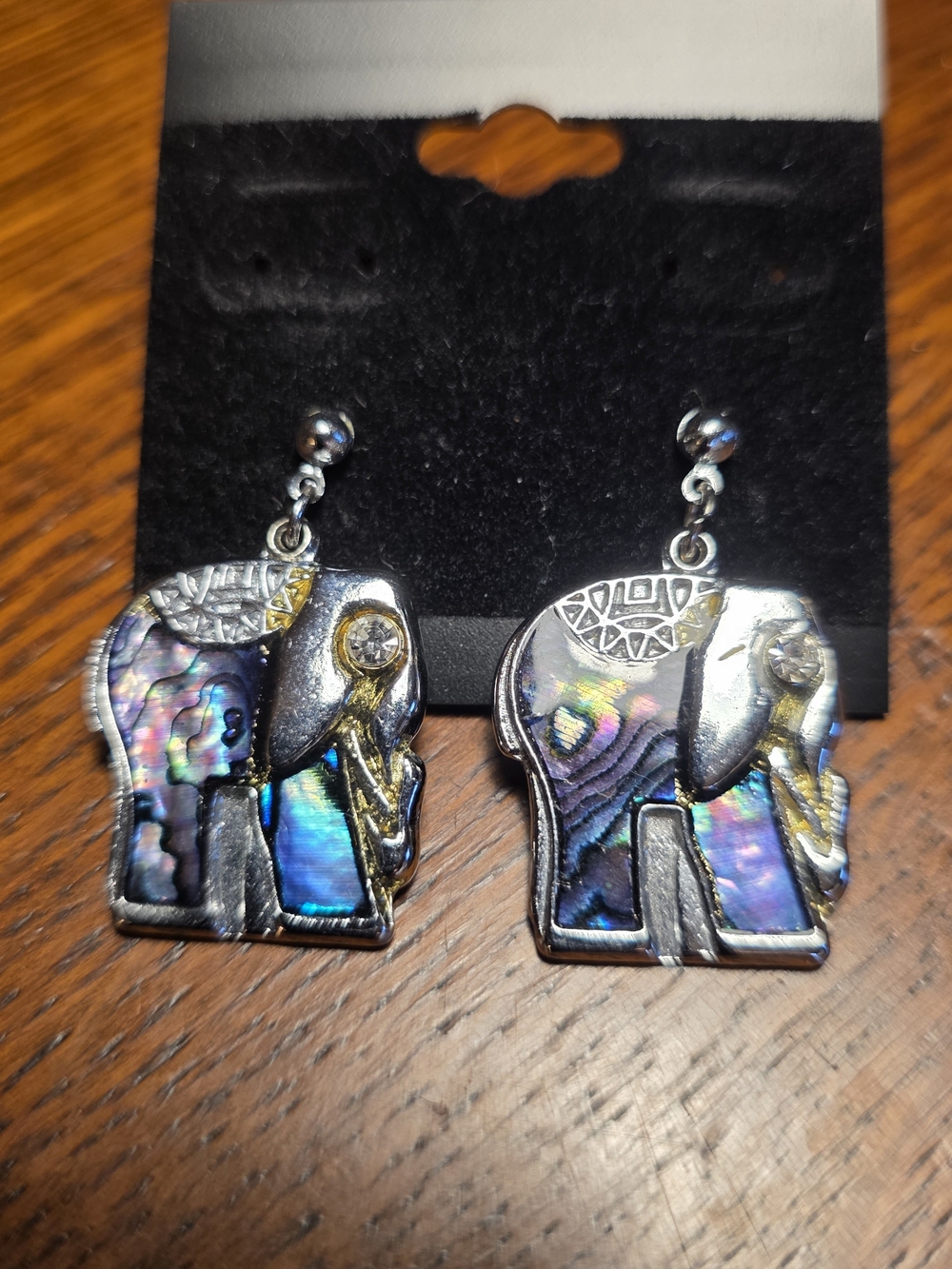 Abalone Inlay Elephant Drop Earrings - Silver Tone